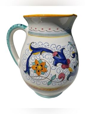 VTG Sur La Table Italian Ceramic Pitcher Hand Painted Blue Floral Majolica Vase